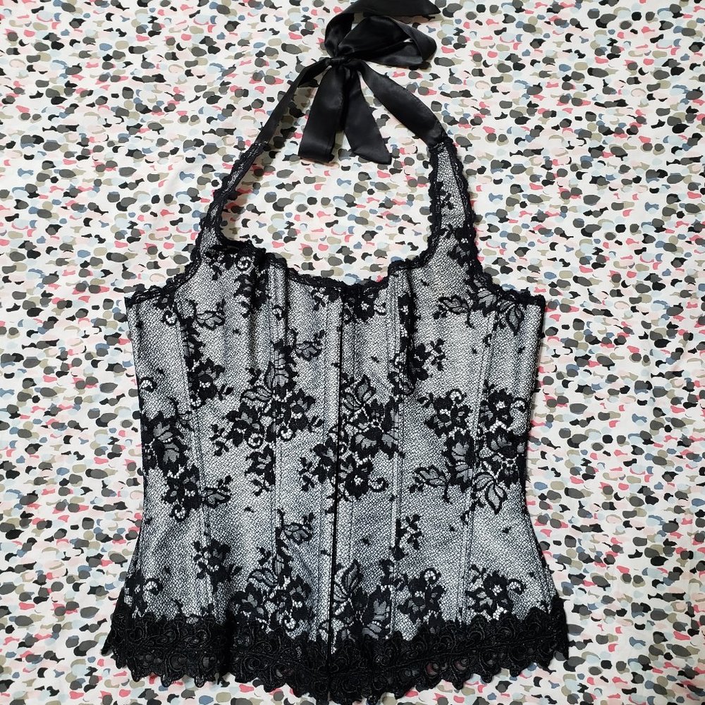 Fredericks of Hollywood blk lace over white corset